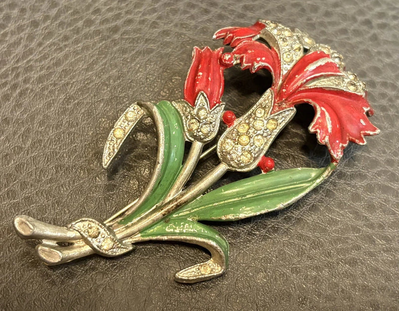 Vintage Carnation Flower Rhinestone Red Green Enamel Brooch Pin READ Carnation