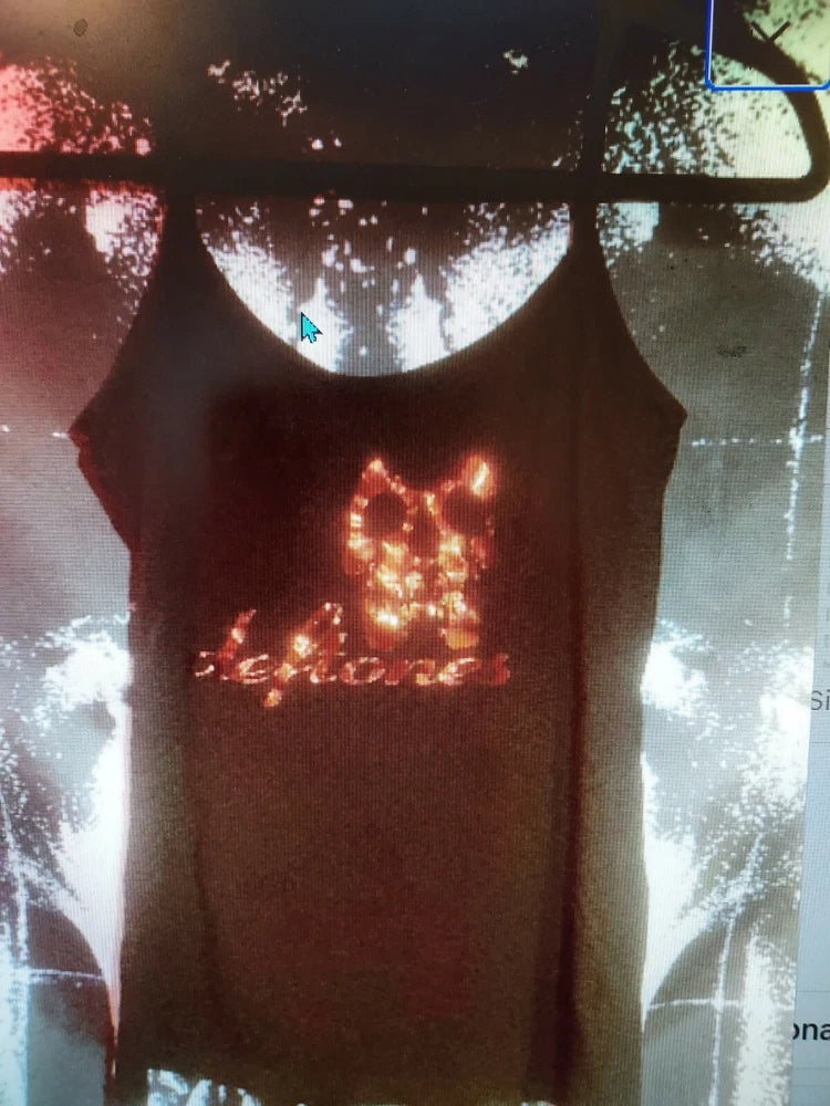 Black Deftones tank top with metallic gold rose graphic front