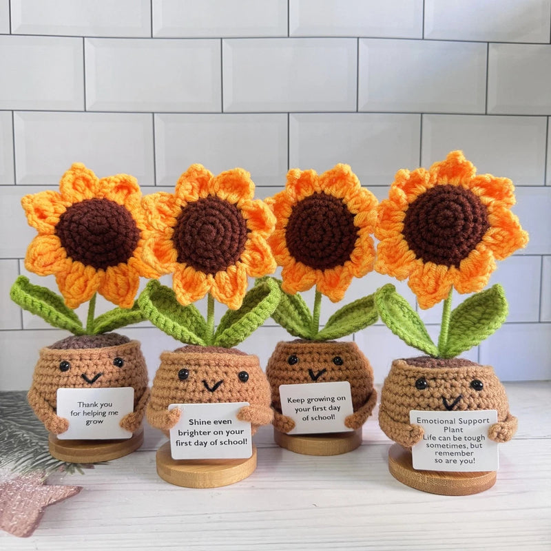 Handmade crochet sunflower plant decor, four fabric pots with message tags