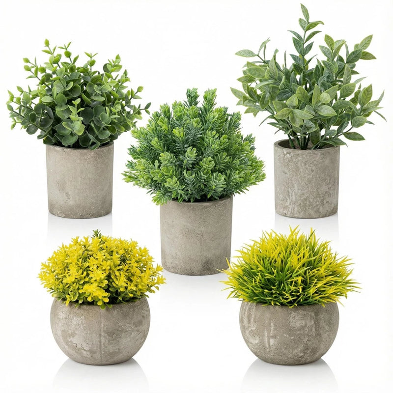 5 Pack Fake Plants, Artificial Eucalyptus & Greenery in Pots - Small Potted F... Green Plant
