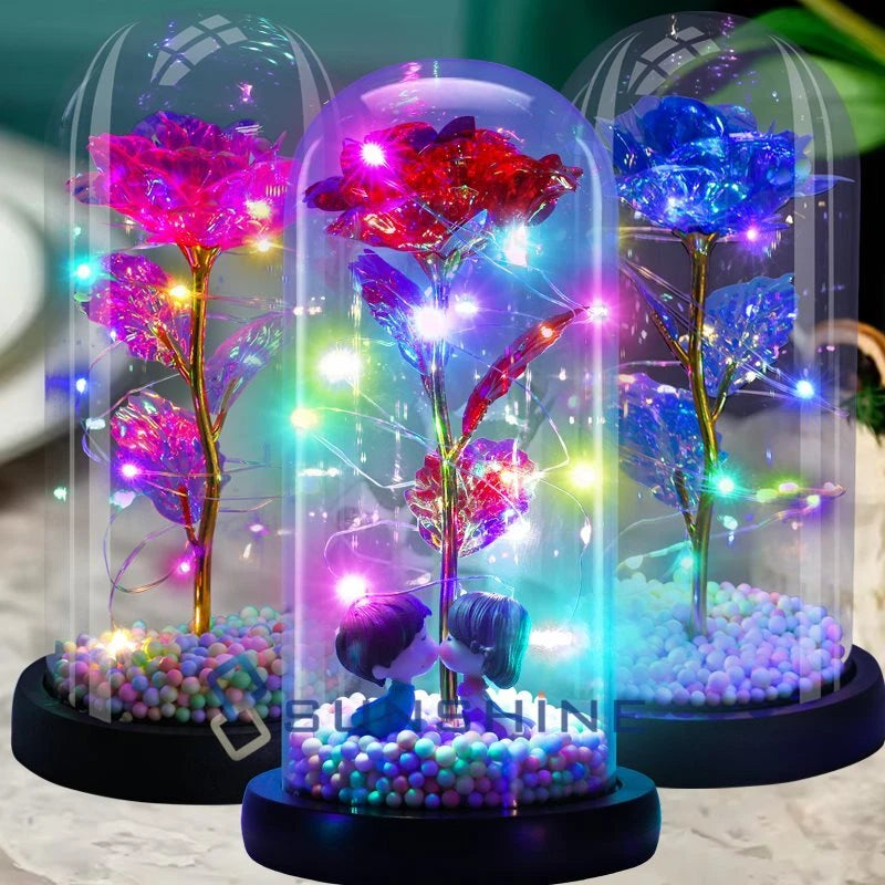 LED rose under glass dome with multicolor lights, crystal-like petals