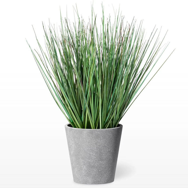 Artificial onion grass plant in textured gray round pot, green blades