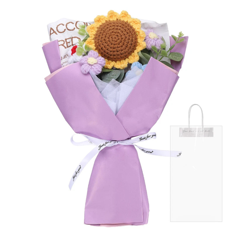 Handmade crocheted sunflower bouquet with purple wrapping paper and small flowers