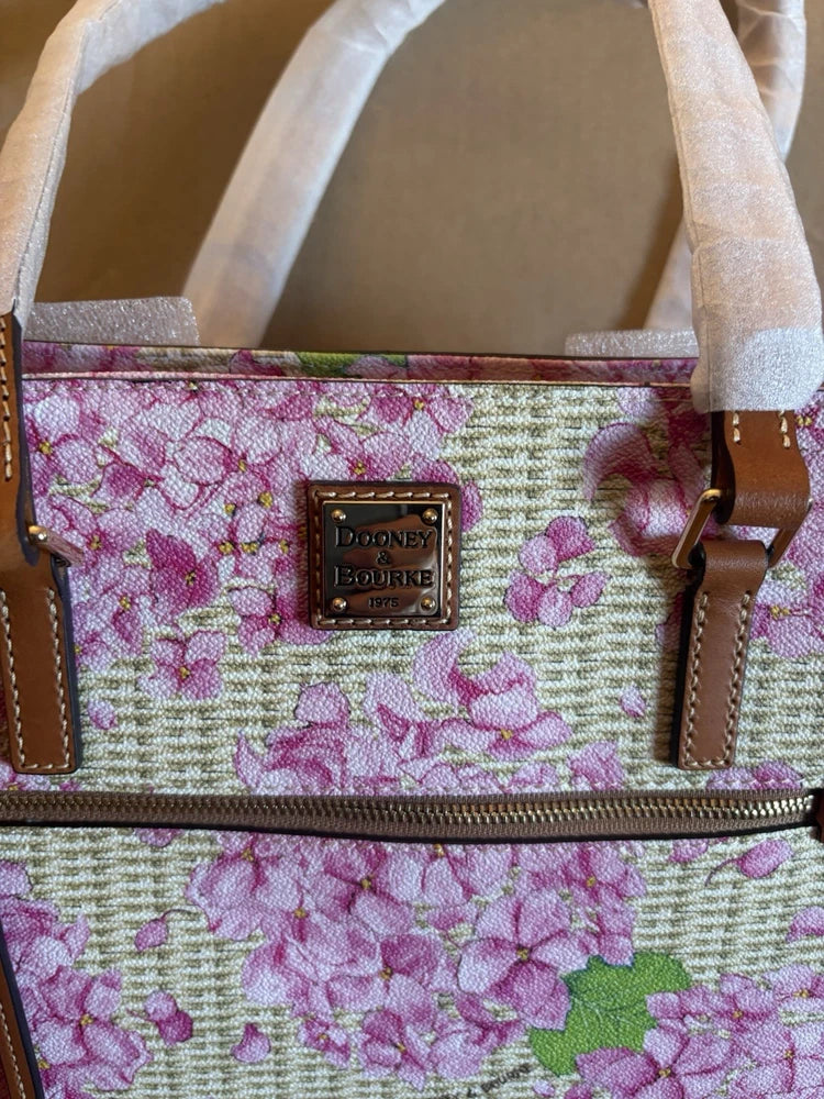 Dooney & Bourke Purse Pink Hydrangea Floral Print Basketweave Leather Bag Hydrangea