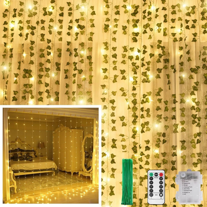 Artificial ivy leaf window curtain string lights with green foliage and remote controller
