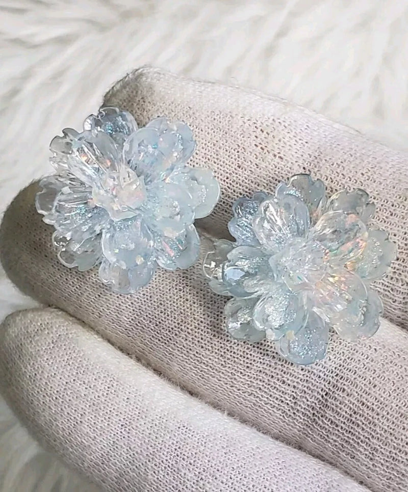 Handmade Iridescent Baby Blue Carnation Flower Earrings Carnation
