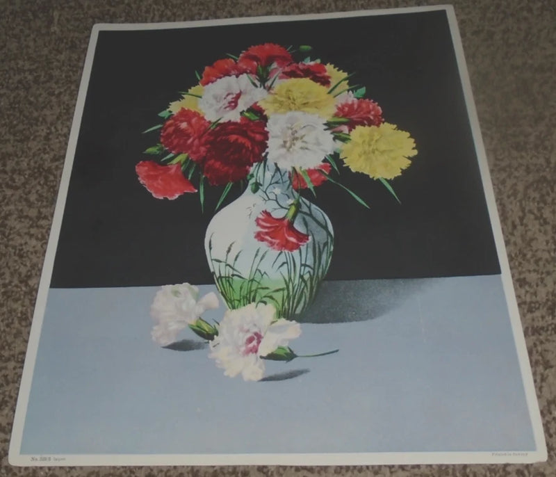 Carnations bouquet in blue glass vase floral print, colorful red and white blooms