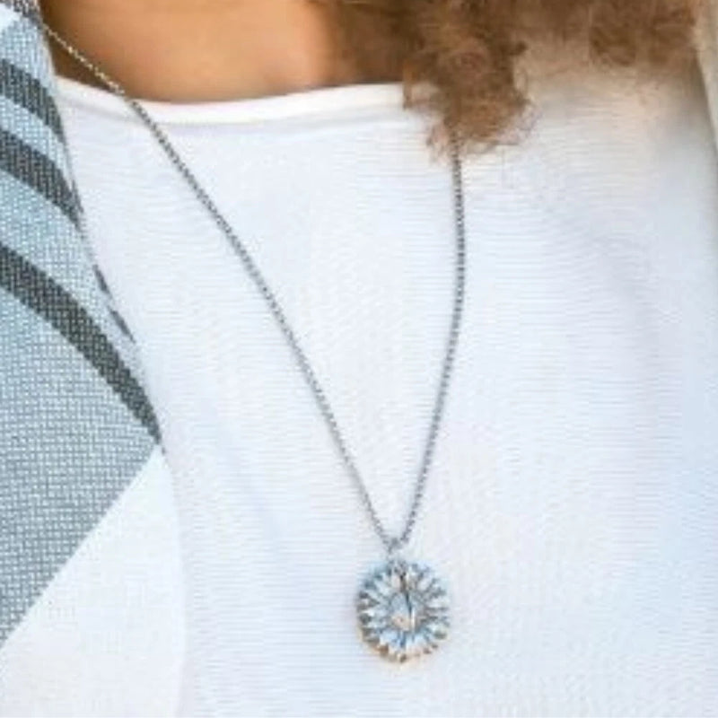 Silver sunflower pendant necklace with thick silver chain, small round flower charm