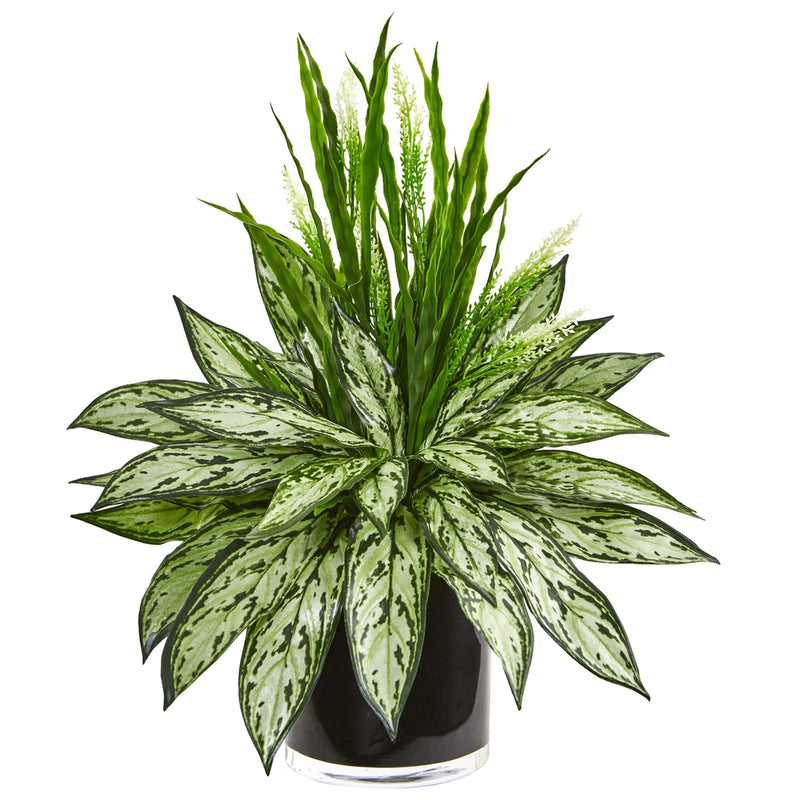 Nearly Natural Silver Queen And Grass Artificial Plant In Black Vase Home Decor Green Plant