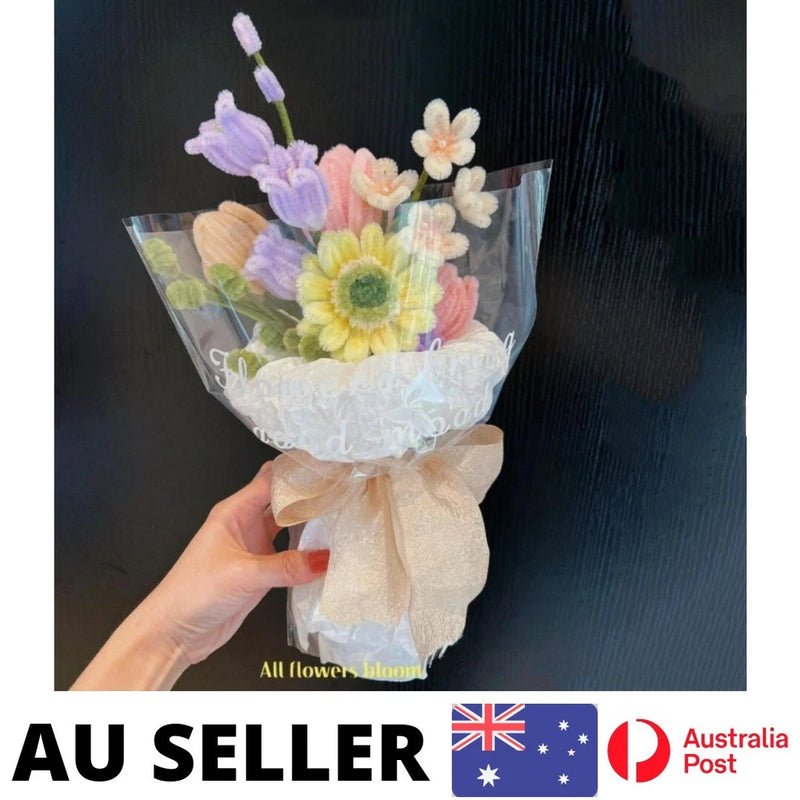 Handmade pipe cleaner flowers bouquet with pastel purple, yellow, pink and white blooms