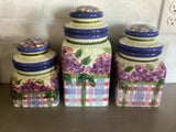 Julie Ueland Vintage Set of 3 Floral Hydrangeas Pattern Canisters with Lids Hydrangea