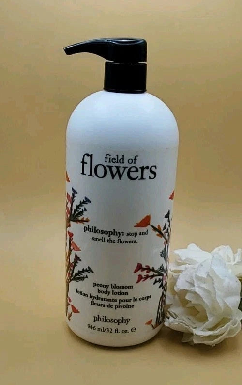 Field of Flowers peony blossom body lotion bottle with pump, white label, 32 fl oz