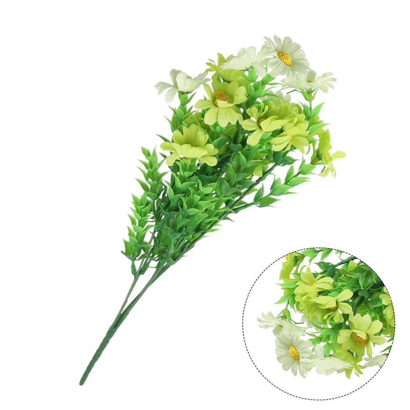 Artificial five-branch fake plant with small green leaves and white/yellow daisy flowers