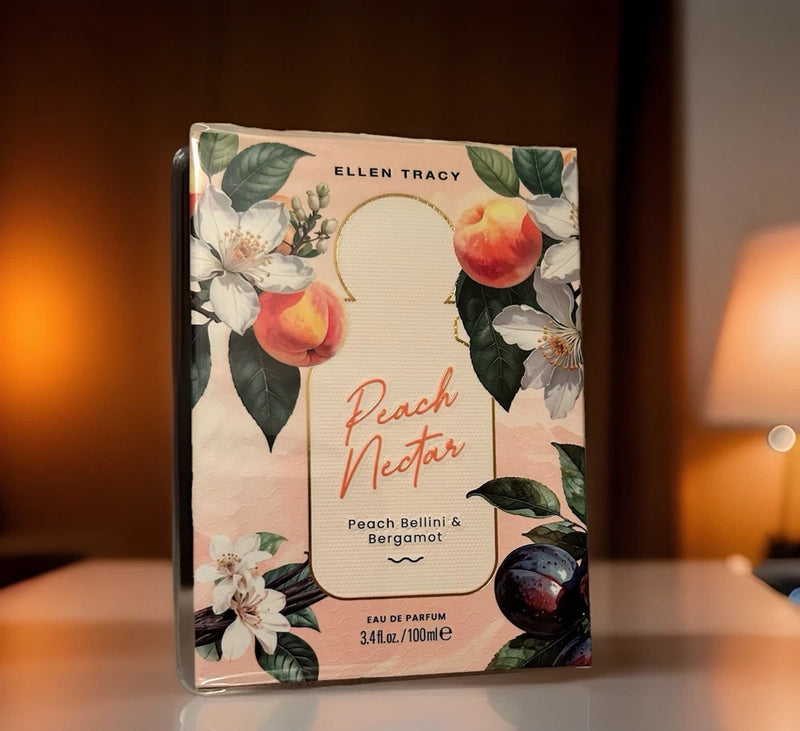 Peach Nectar EDP spray perfume box with peach and leaf floral design, ELLEN TRACY