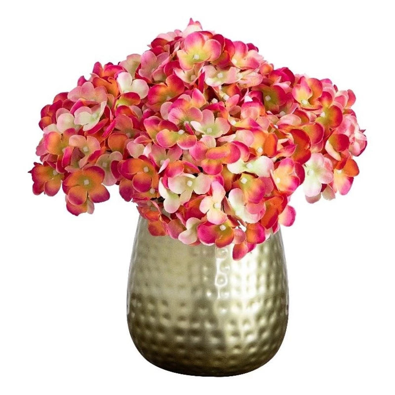 Nearly Natural 11" Artificial Hydrangea Arrangement in Gold Metal Vase in Pink Hydrangea