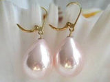 Exquisite 12x16MM Pink South Sea Shell Pearl Teardrop Gold Dangle Earrings AAA Roses