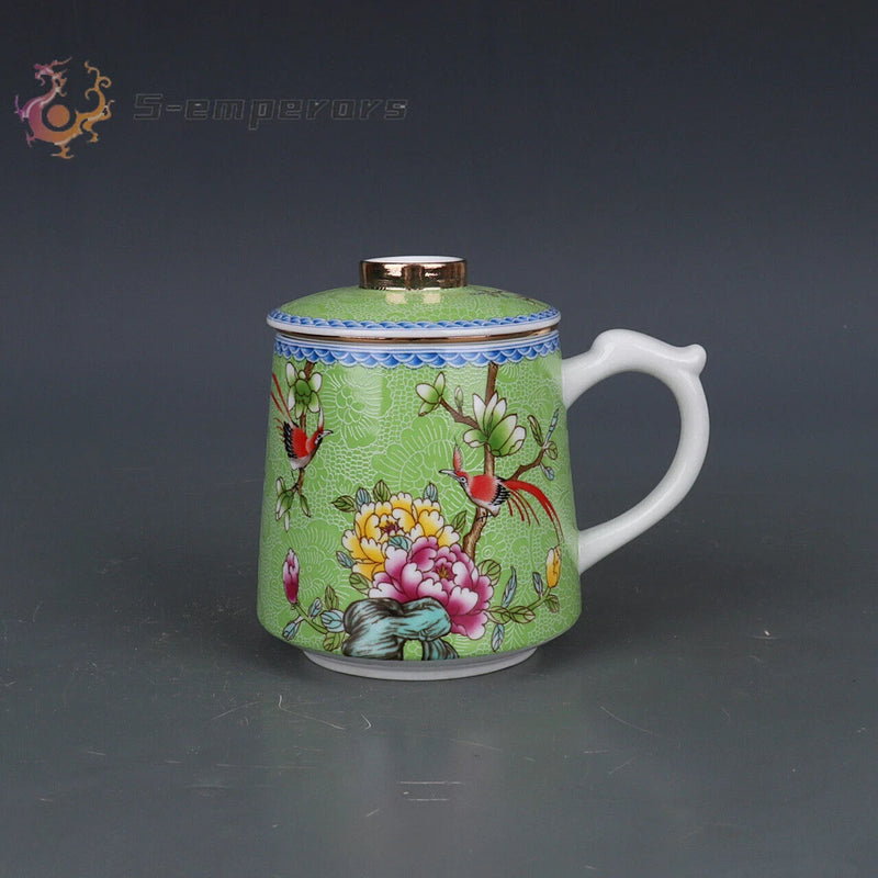 5.4" Chinese Qing Famille Rose Green Porcelain Gilding Peony Flower Bird Tea Cup Peony