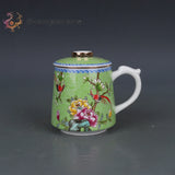 5.4" Chinese Qing Famille Rose Green Porcelain Gilding Peony Flower Bird Tea Cup Peony