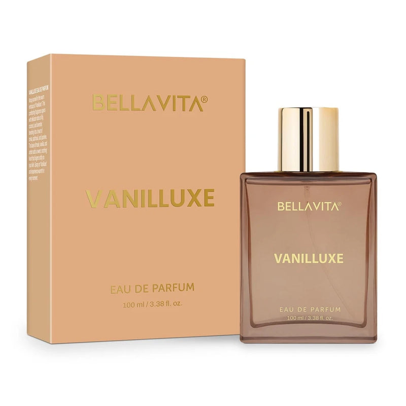 Vanilluxe eau de parfum spray bottle and gift box, tan glass, gold cap, 100 ml