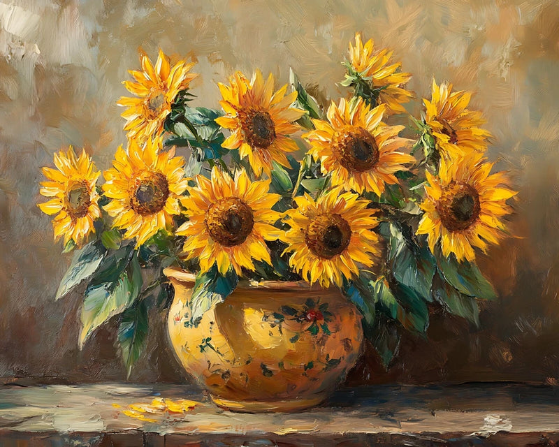 Sunflower oil painting print with yellow blooms in a ceramic vase