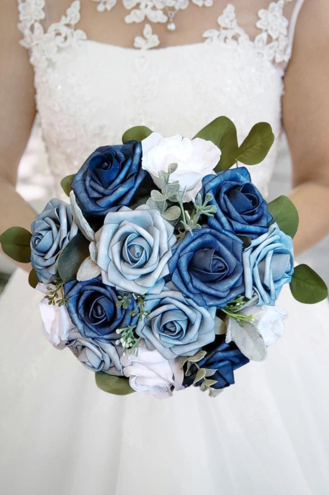 Dusty Blue Navy Rose Bridal Bouquet White Wedding Flowers Eucalyptus Bridesmaid Bouquet