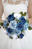 Dusty Blue Navy Rose Bridal Bouquet White Wedding Flowers Eucalyptus Bridesmaid Bouquet