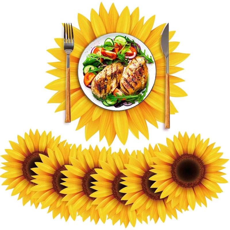 Disposable sunflower paper place mat with yellow petal border and brown center flower print