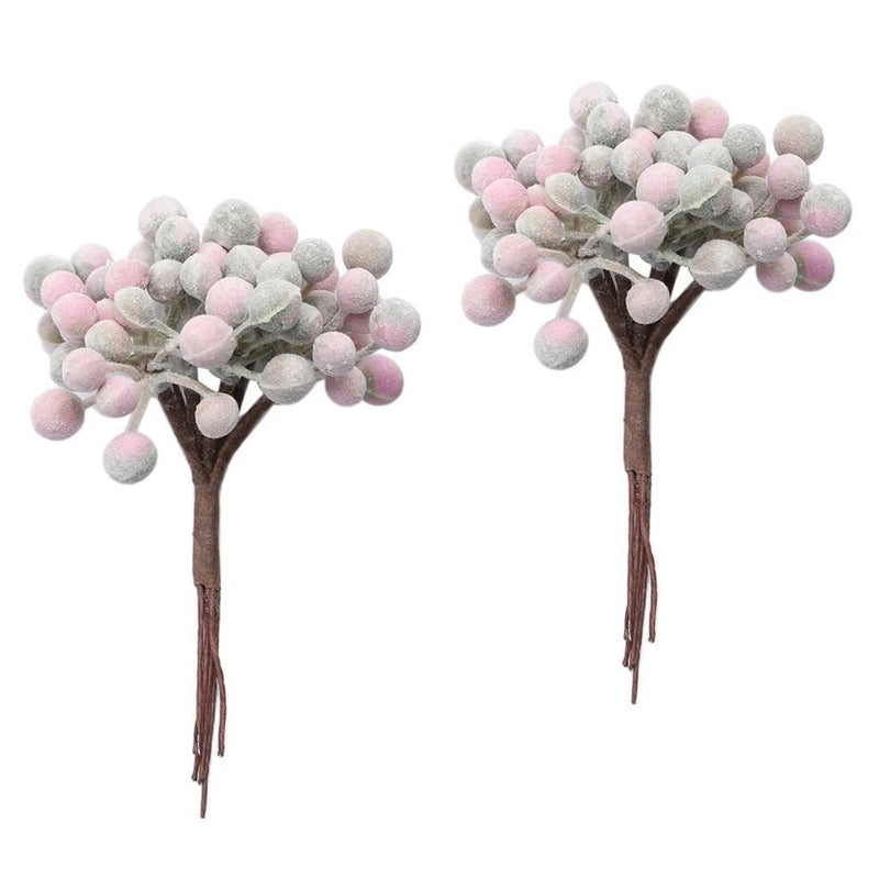 Artificial frosted mini Christmas decor branch with pink and white pom-pom clusters on brown twigs