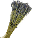 Dried lavender bundle with purple buds on long stems, tied with twine