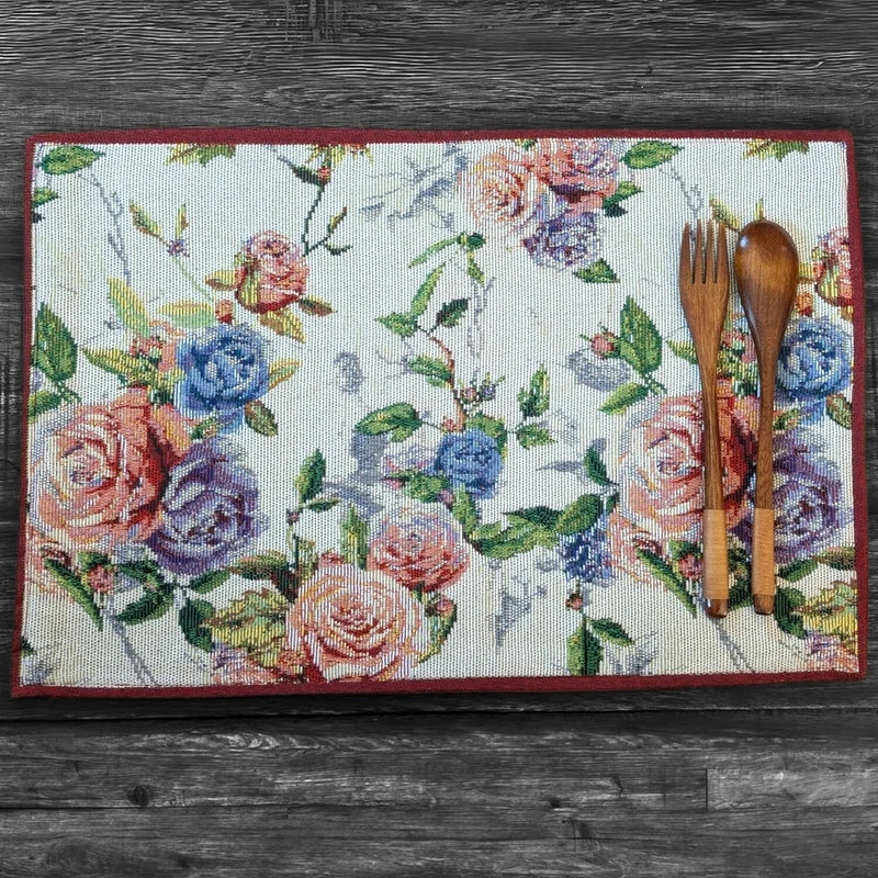 Rose floral tapestry placemat with multicolor vintage roses, red and navy border