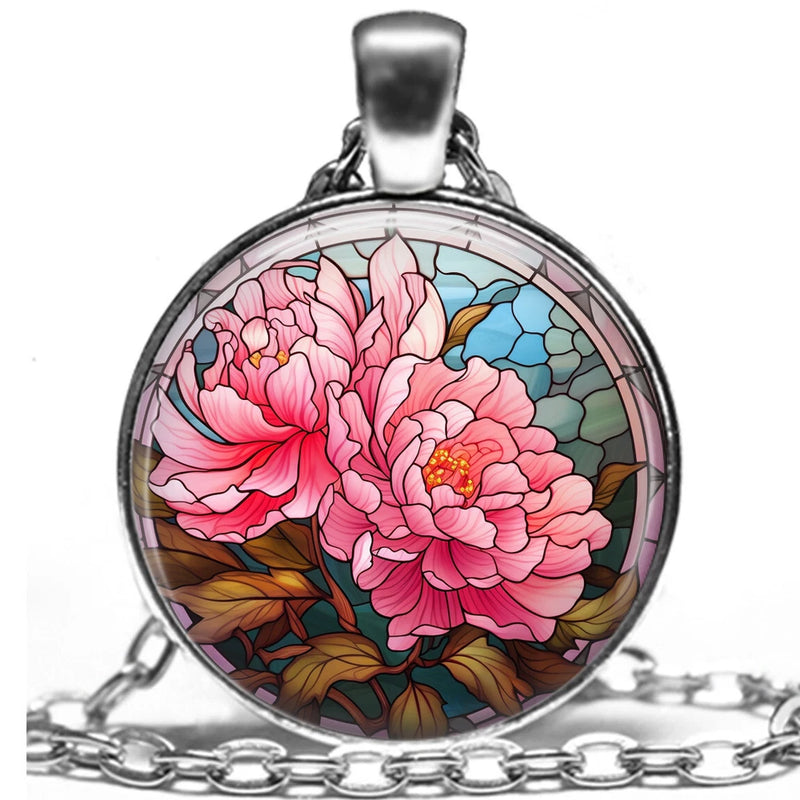 Peony flower pendant necklace with faux stained-glass round glass print and silver chain