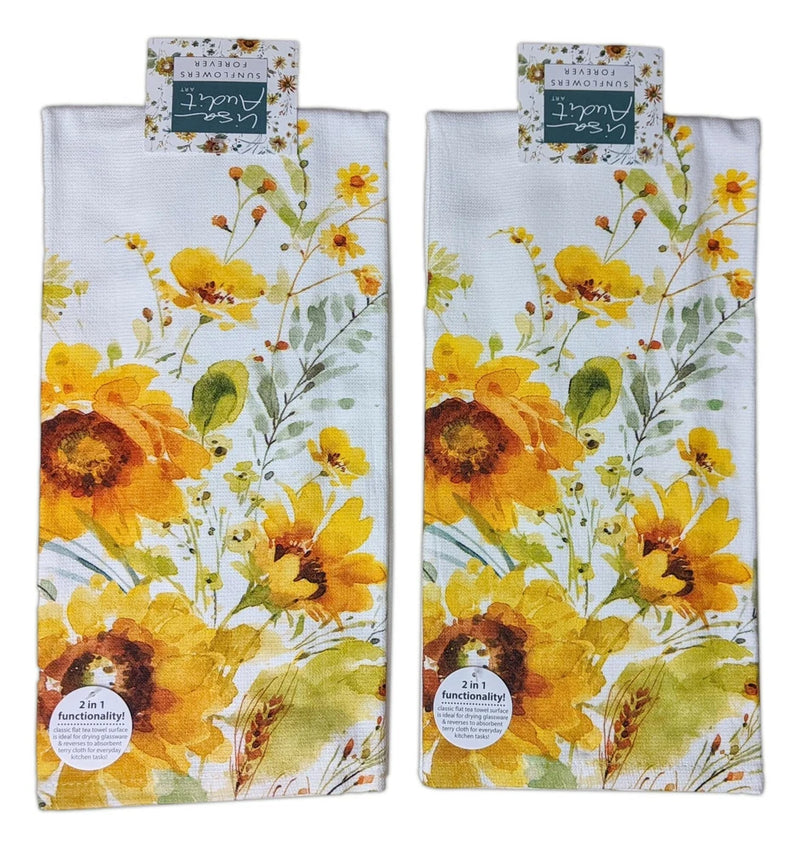 Set of 2 terry kitchen towels with light blue sunflower and floral print
