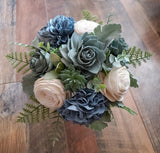 Dusty Blue Sage Bridal Bouquet Hydrangea Succulent Sola Wood Wedding Flowers Hydrangea