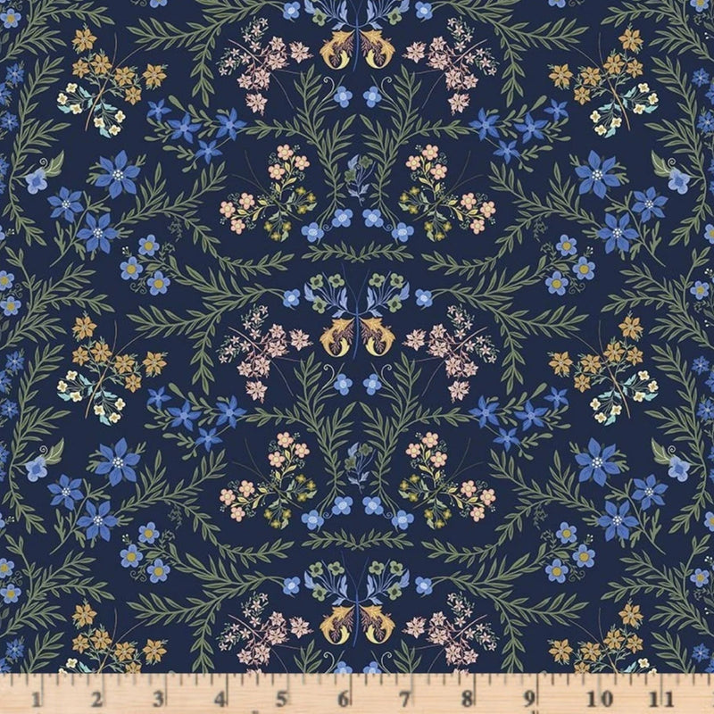 Float Like a Butterfly Toile D3214 Midnight Half  yd continuous cuts Flowering Plants