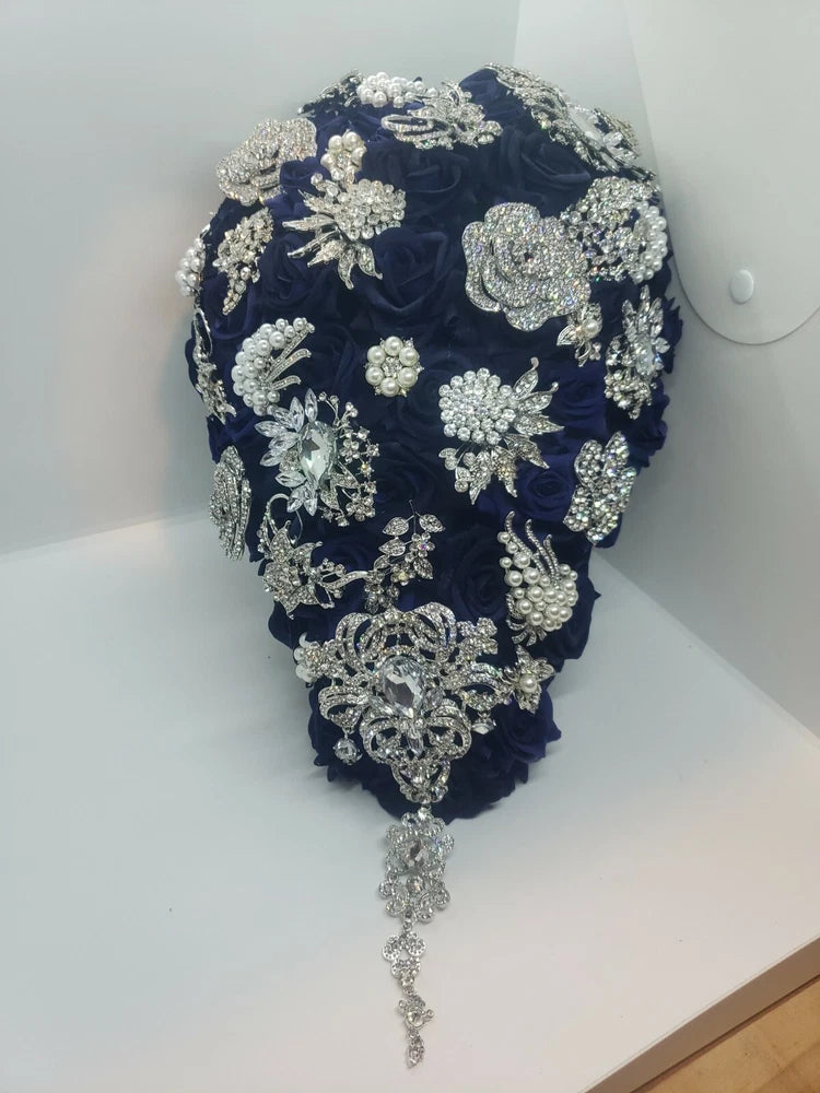Navy bridal bouquet brooch with silver rhinestone floral decorations and dangling drops
