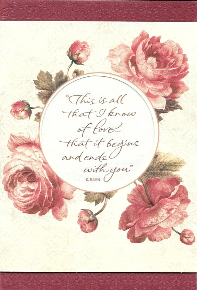 Roses-themed greeting card with romantic quote inside circular frame