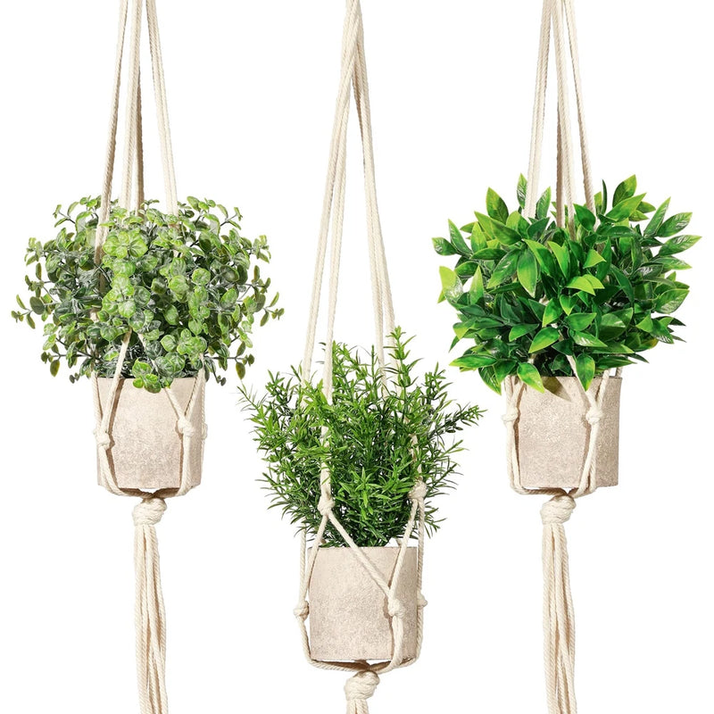 Artificial Plants 3 Pack Mini Fake Plants Fake Hanging Plants with 3 Macrame Green Plant