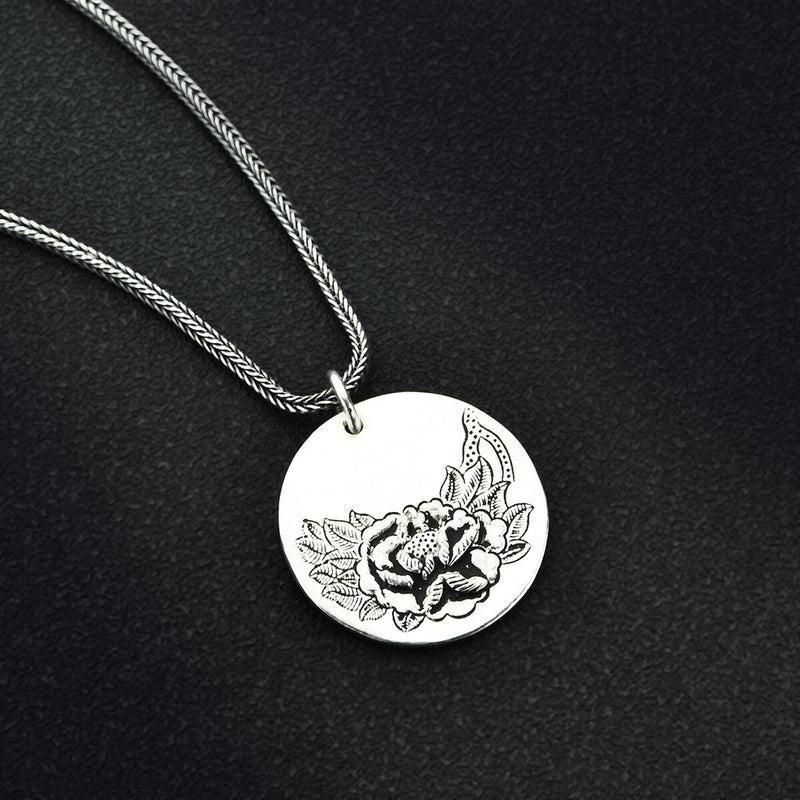 Handmade 990 Fine silver Peony Flower Ethnic Pendant Necklace Jewelry Handcraft Peony