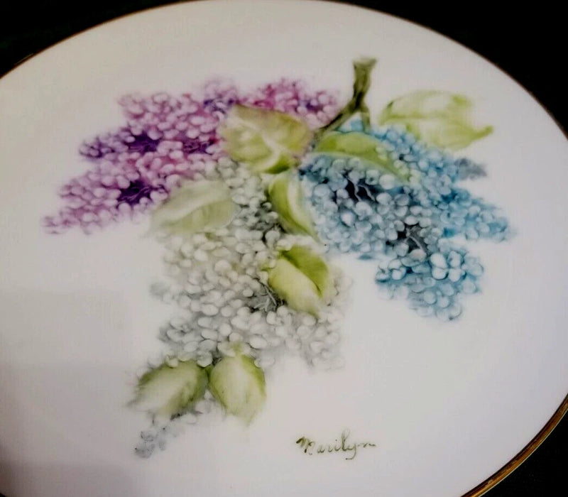 Hydrangea Flower Gold Edge Porcelain Plate Platter 8" Hand-Painted Sign Floral Hydrangea