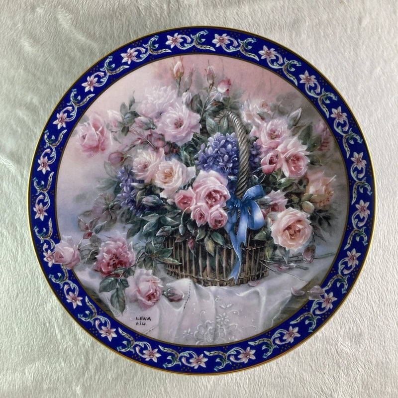 ROSES Plate Lena Liu's Basket Bouquets #1 Pink Flowers Floral Blue Hydrangea? Hydrangea