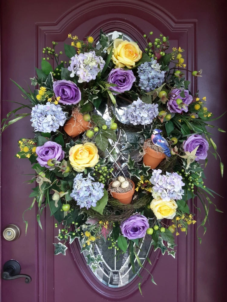 Flower Door Wreath Spring Summer Garden Decor Rose Hydrangea Bird Wall Hanging Hydrangea