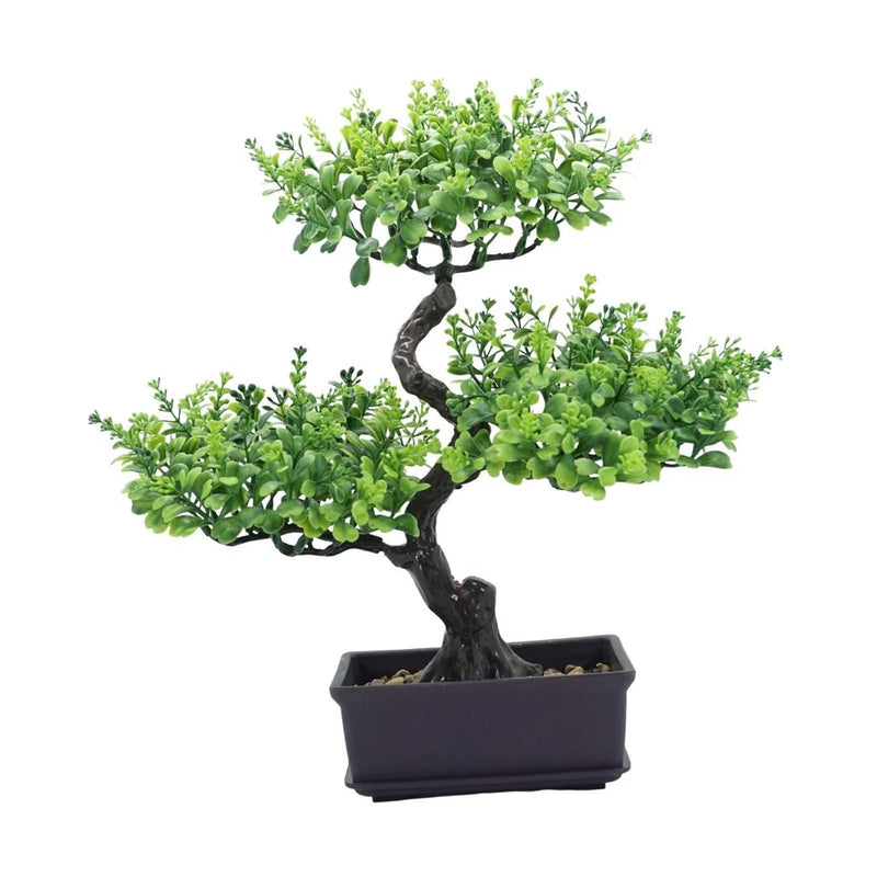 Artificial bonsai tree ornament with bright green foliage in a dark rectangular planter