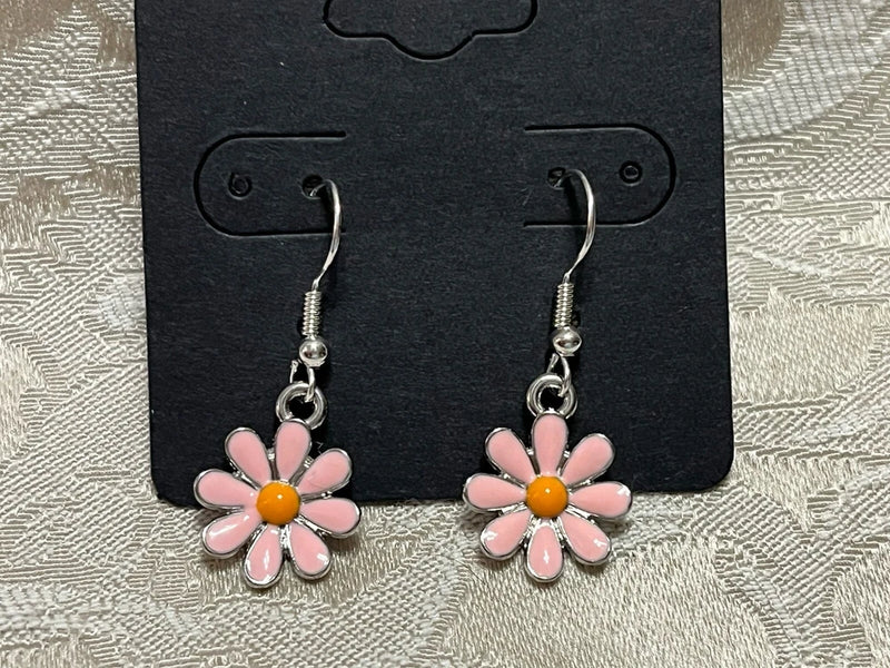 Vintage Pink Daisy Enamel Silver Dangle Fashion Bohemian Casual Fun Earrings Daisies