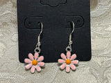 Vintage Pink Daisy Enamel Silver Dangle Fashion Bohemian Casual Fun Earrings Daisies