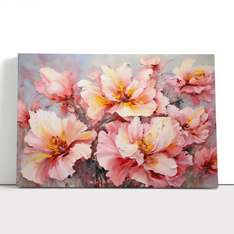 Framed canvas print of pink peony flowers with layered petals and soft watercolor style