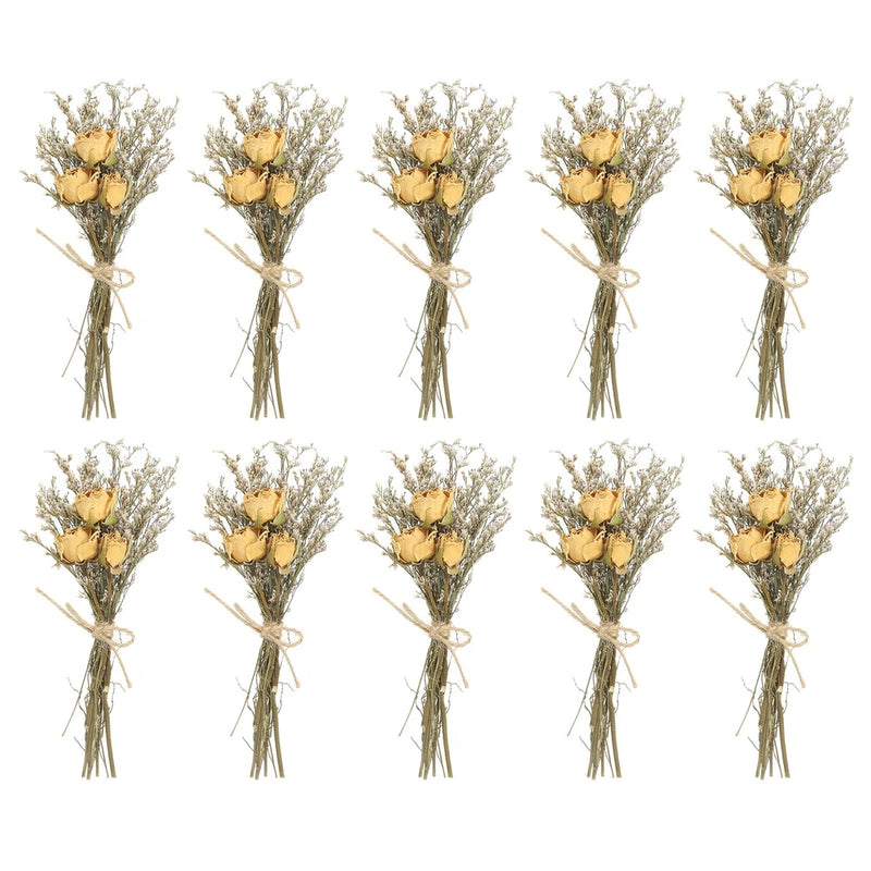 Set of 10 mini dried flower bouquets with beige baby's breath and twine ties