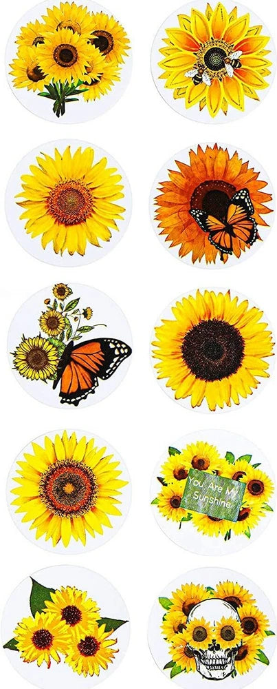 Set of circular sunflower envelope seal stickers, some with butterfly and skull designs