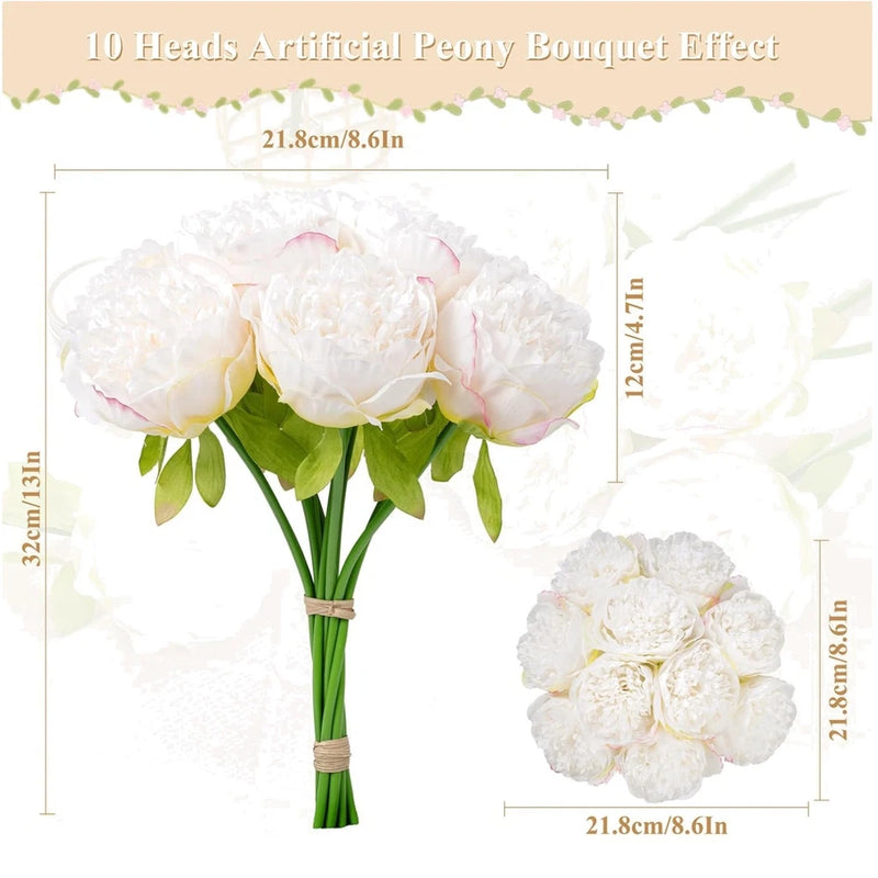Artificial cream-white peony bouquet with green leaves, tied stems, multi-head blooms