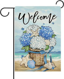 Welcome Spring Summer Beach Hydrangea Flower Decorative Garden Flag, Coastal Flo Hydrangea