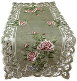 Doily Boutique Table Runner, Doily, Mantel Scarf with Pink Rose on Green Burlap Roses